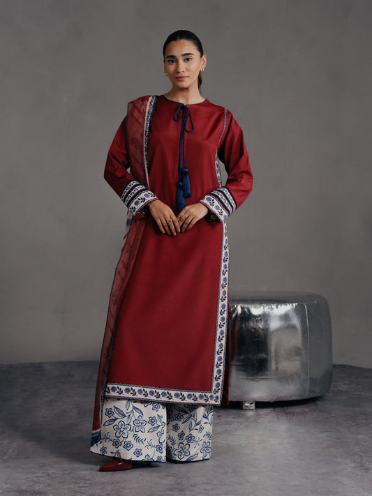 Mahveen β Maroon Bloom 3-Piece Printed Suit (Stitched)