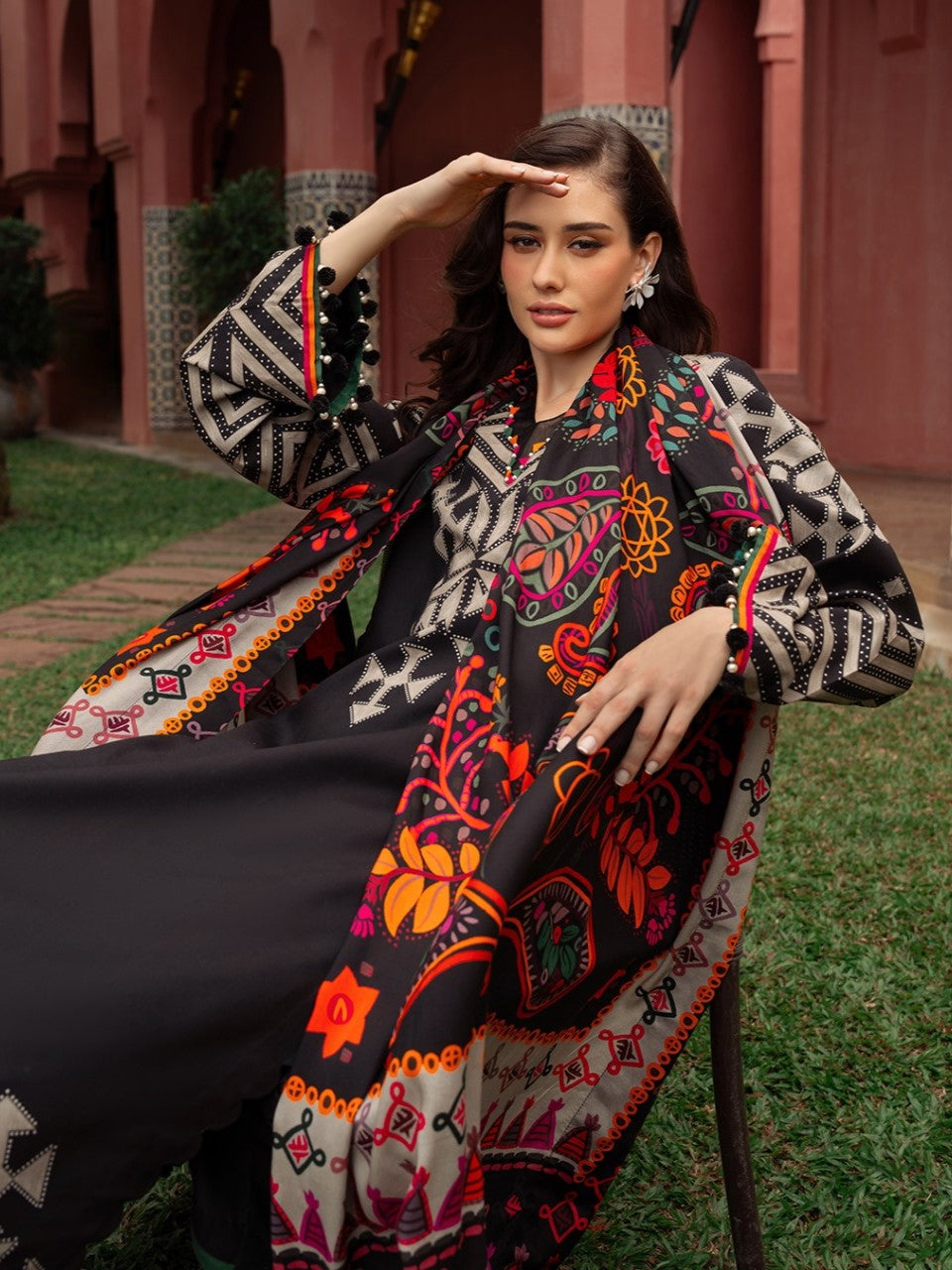 ZARA NOIR โ Wool Shawl 3-Piece Printed Dress (Stitched)