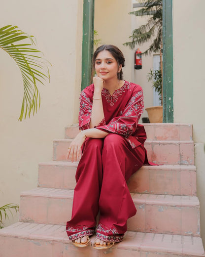 Nasheman – Embroidered Lawn Kurti with Farshi Shalwar (2-Piece Stitched Set)