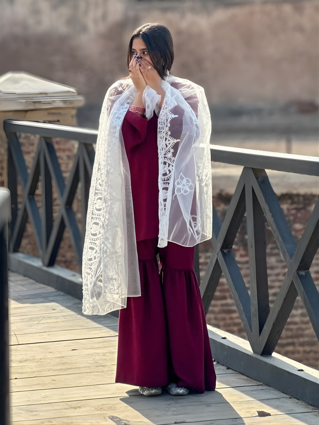 Noor-e-Maroon Embroidered 3 Piece Suit with Organza Dupatta
