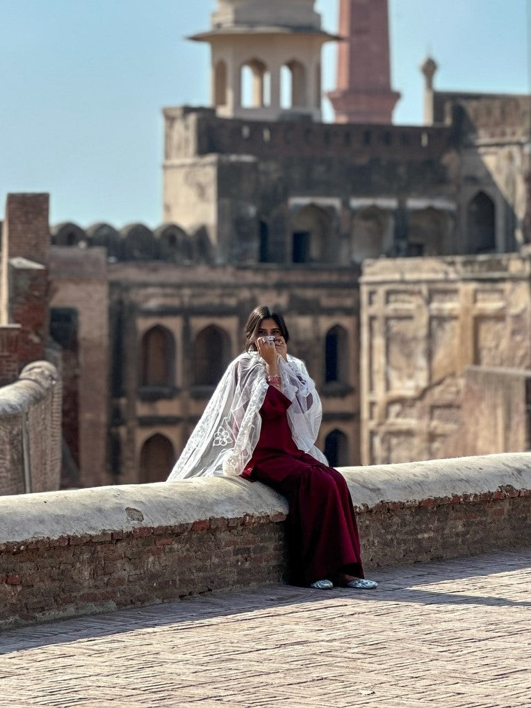 Noor-e-Maroon Embroidered 3 Piece Suit with Organza Dupatta
