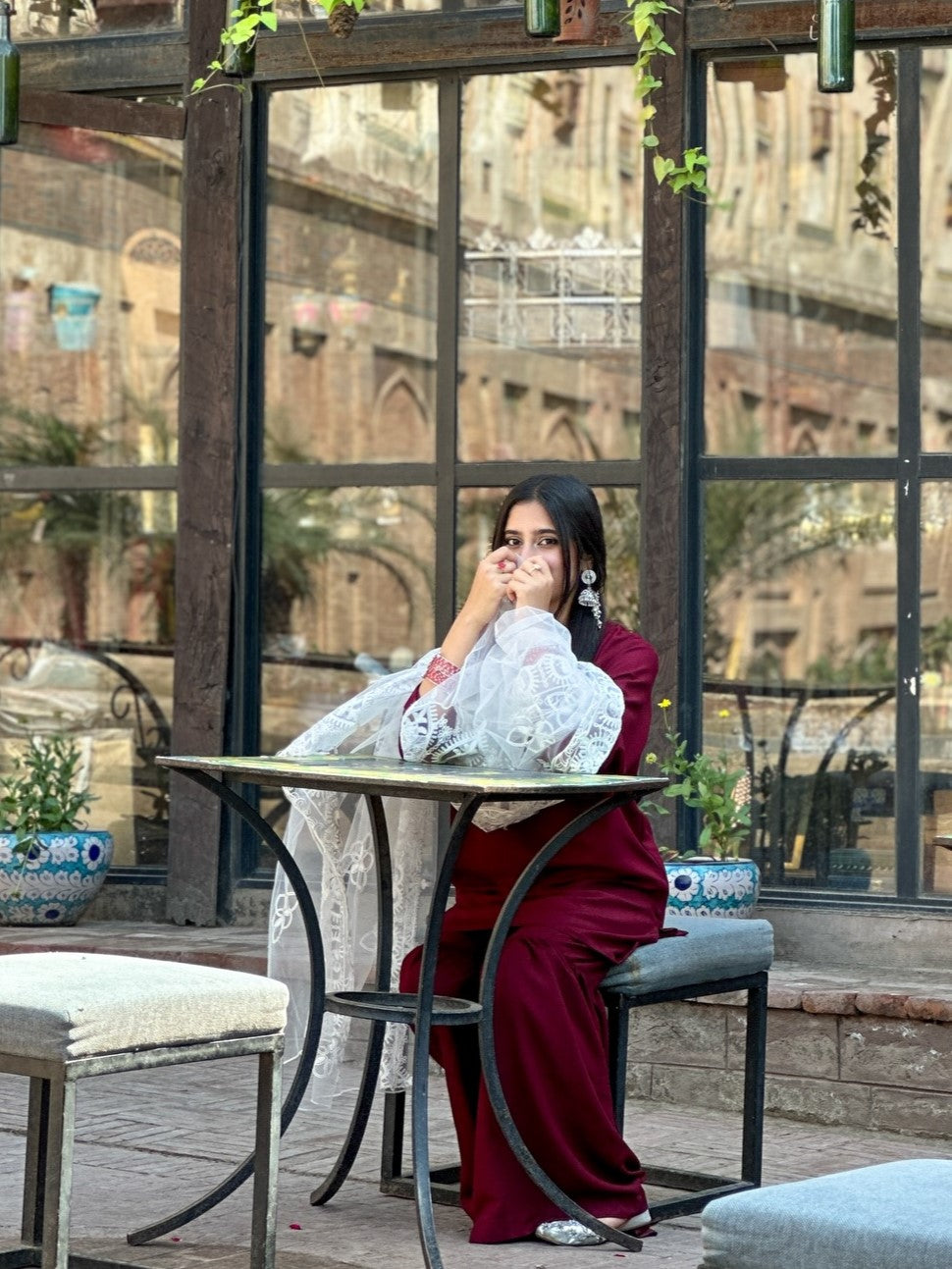 Noor-e-Maroon Embroidered 3 Piece Suit with Organza Dupatta