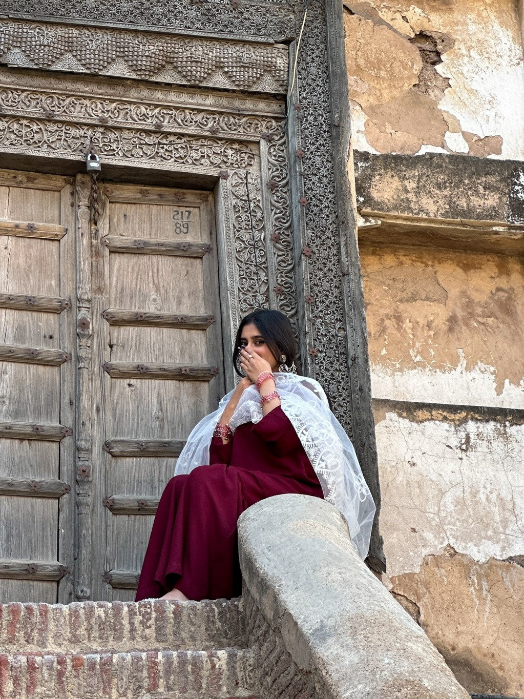 Noor-e-Maroon Embroidered 3 Piece Suit with Organza Dupatta