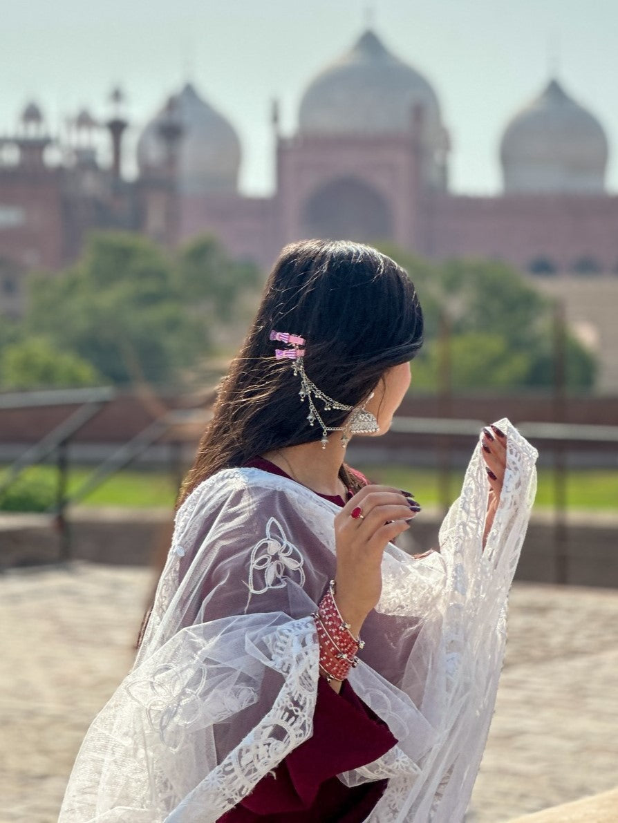 Noor-e-Maroon Embroidered 3 Piece Suit with Organza Dupatta