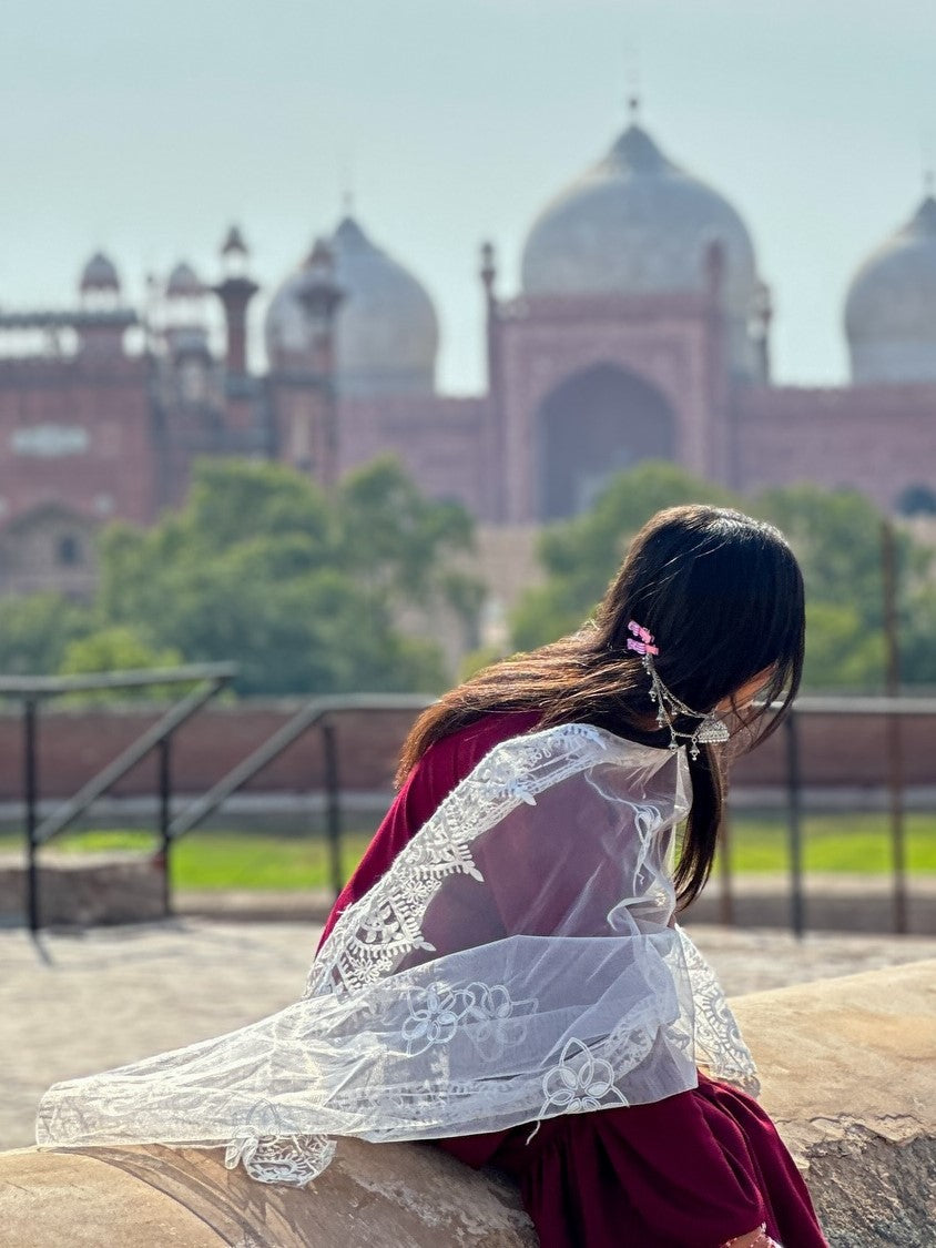 Noor-e-Maroon Embroidered 3 Piece Suit with Organza Dupatta