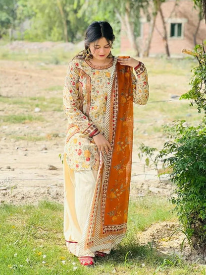 MEHAR – Digital Printed 3-Piece Suit with Farshi Shalwar (Stitched)