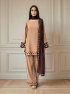 Luxury Caramel Emb 3PC Dress (Stitched)