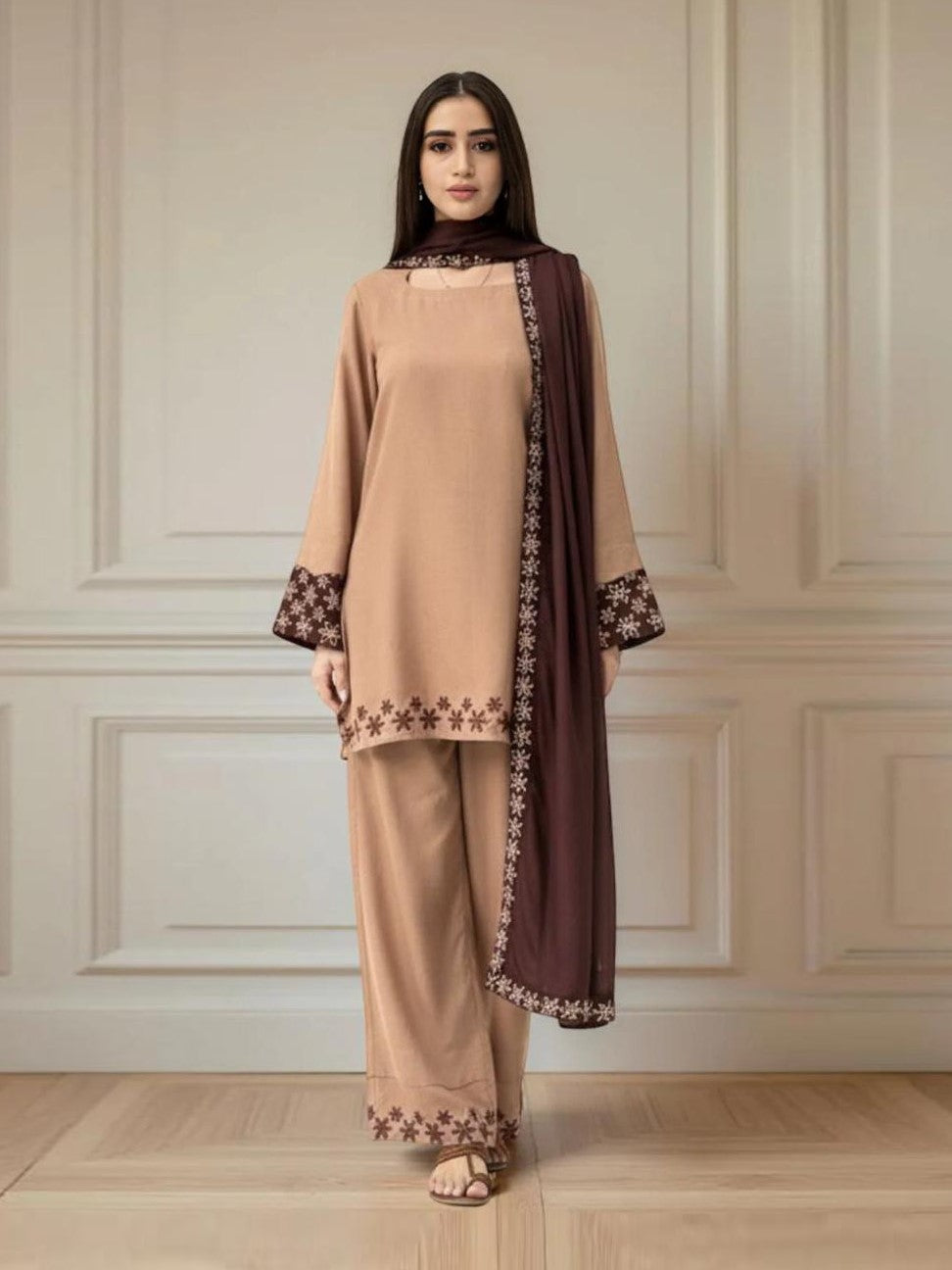 Luxury Caramel Emb 3PC Dress (Stitched)