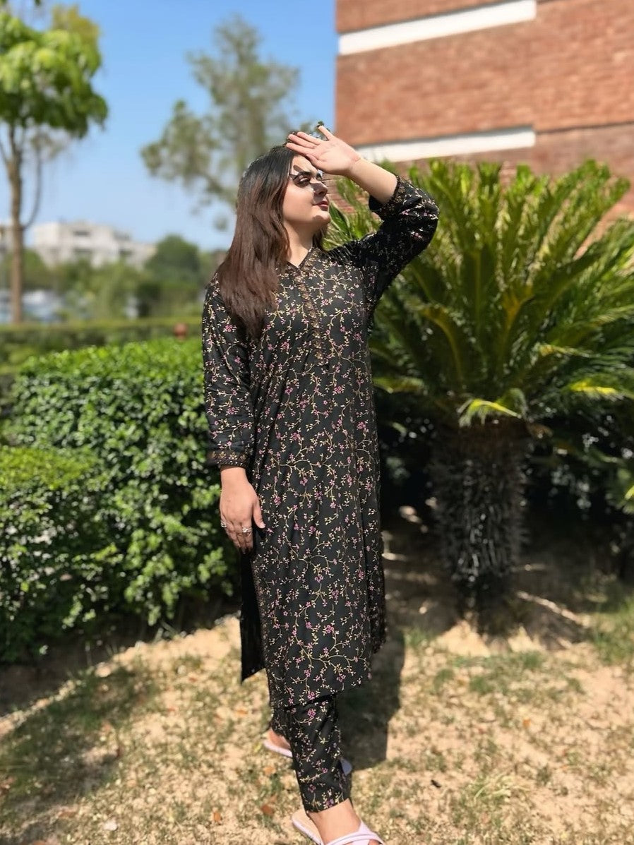Midnight Blossom – Printed Long-Length Suit (2-Piece stitched)