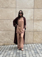 Luxury Caramel Emb 3PC Dress (Stitched)