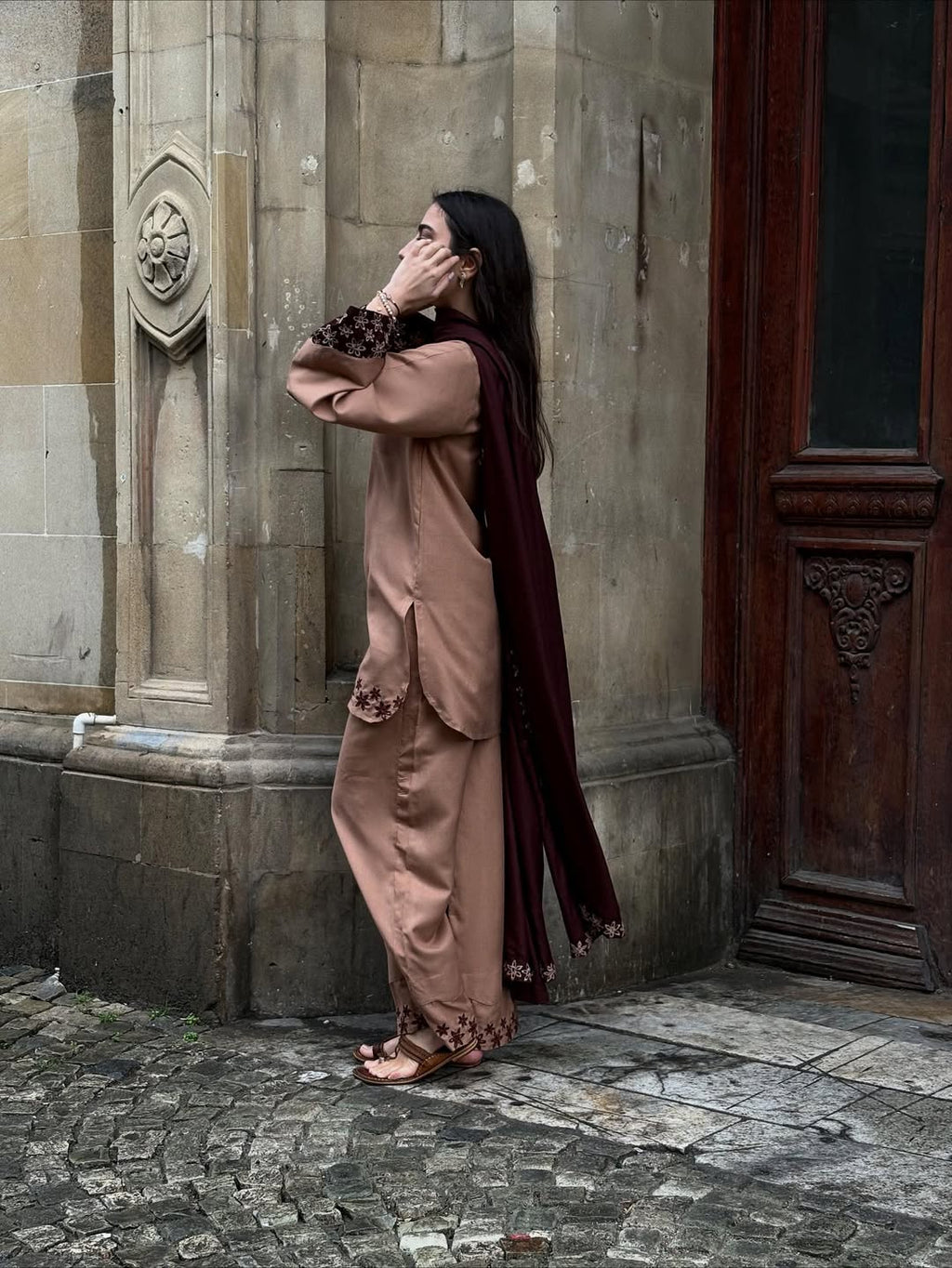 Luxury Caramel Emb 3PC Dress (Stitched)