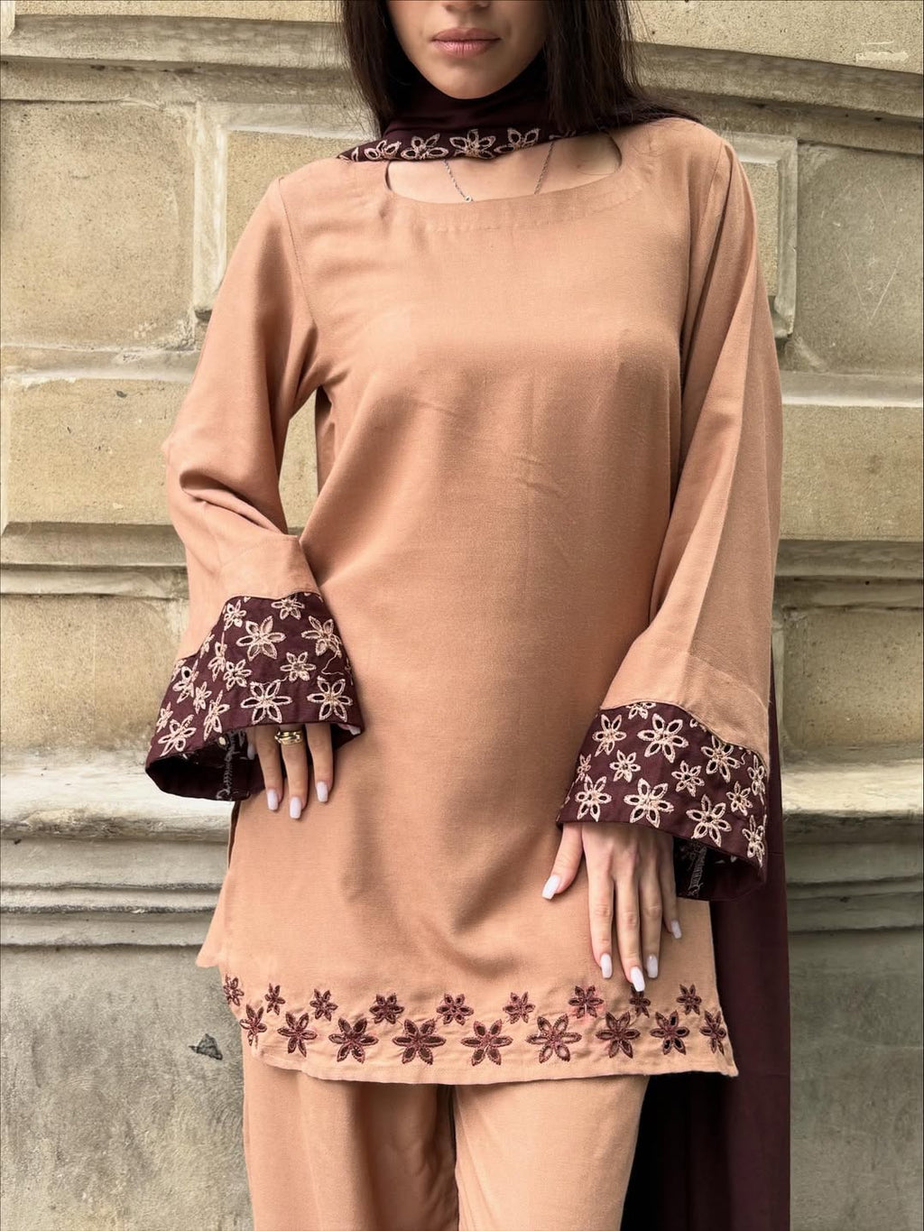 Luxury Caramel Emb 3PC Dress (Stitched)