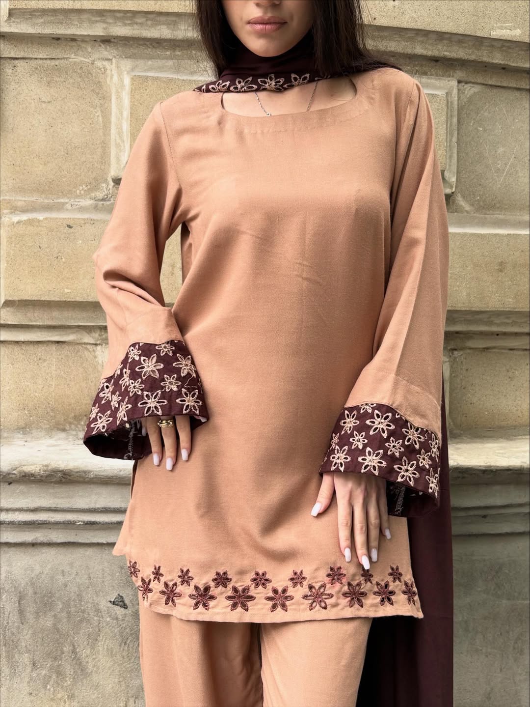 Luxury Caramel Emb 3PC Dress (Stitched)