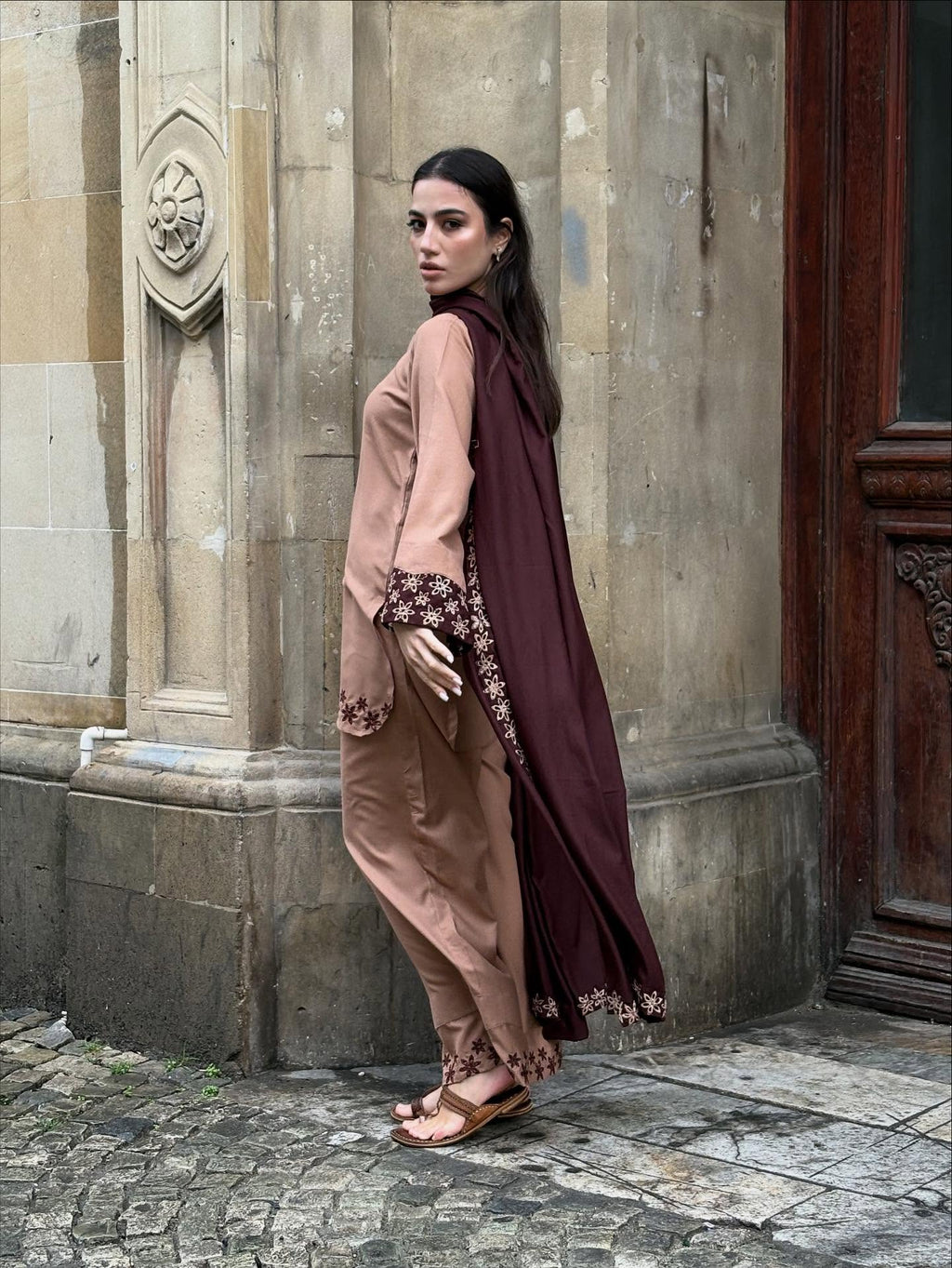 Luxury Caramel Emb 3PC Dress (Stitched)