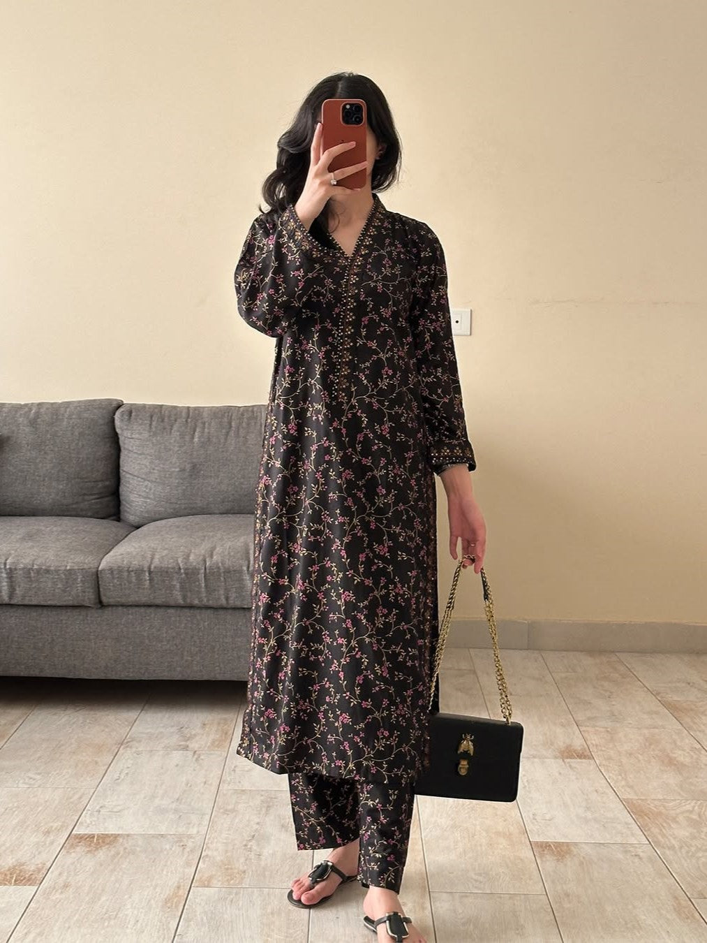 Midnight Blossom – Printed Long-Length Suit (2-Piece stitched)