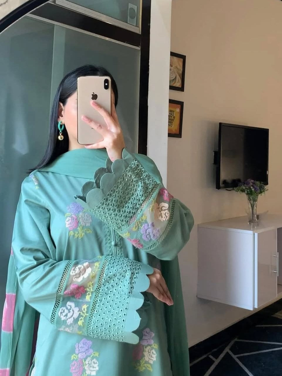 Anmol Blossom Emb 3PC – Luxury Embroidered Suit (Stitched)